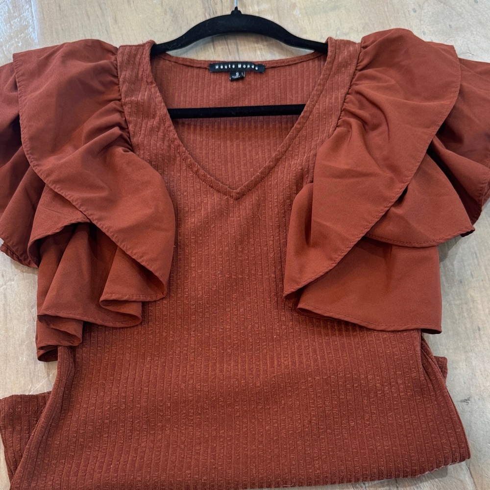 Haute Monde Rust Ruffle Sleeve Blouse
